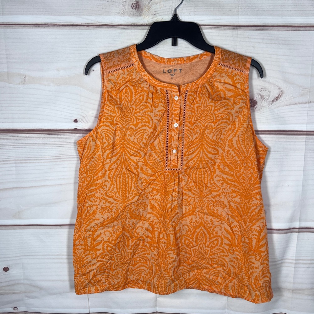 LOFT Tank Top Womens Large Orange Paisley Sleeveless Henley Woven Knit Pullover